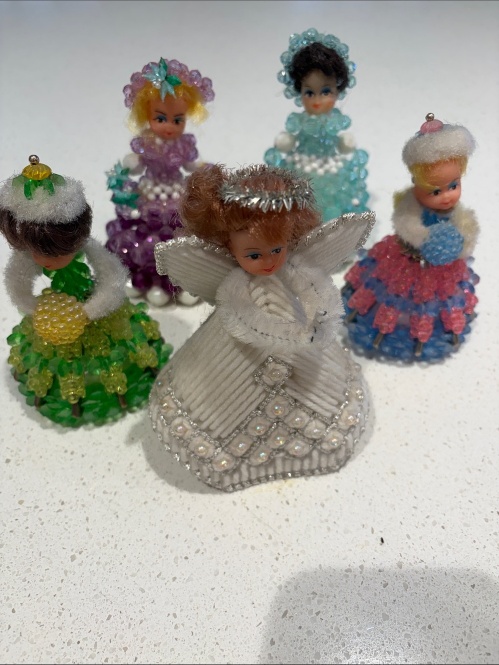 Assorted Beaded Doll Ornaments - White Angel and Colorful Dresses